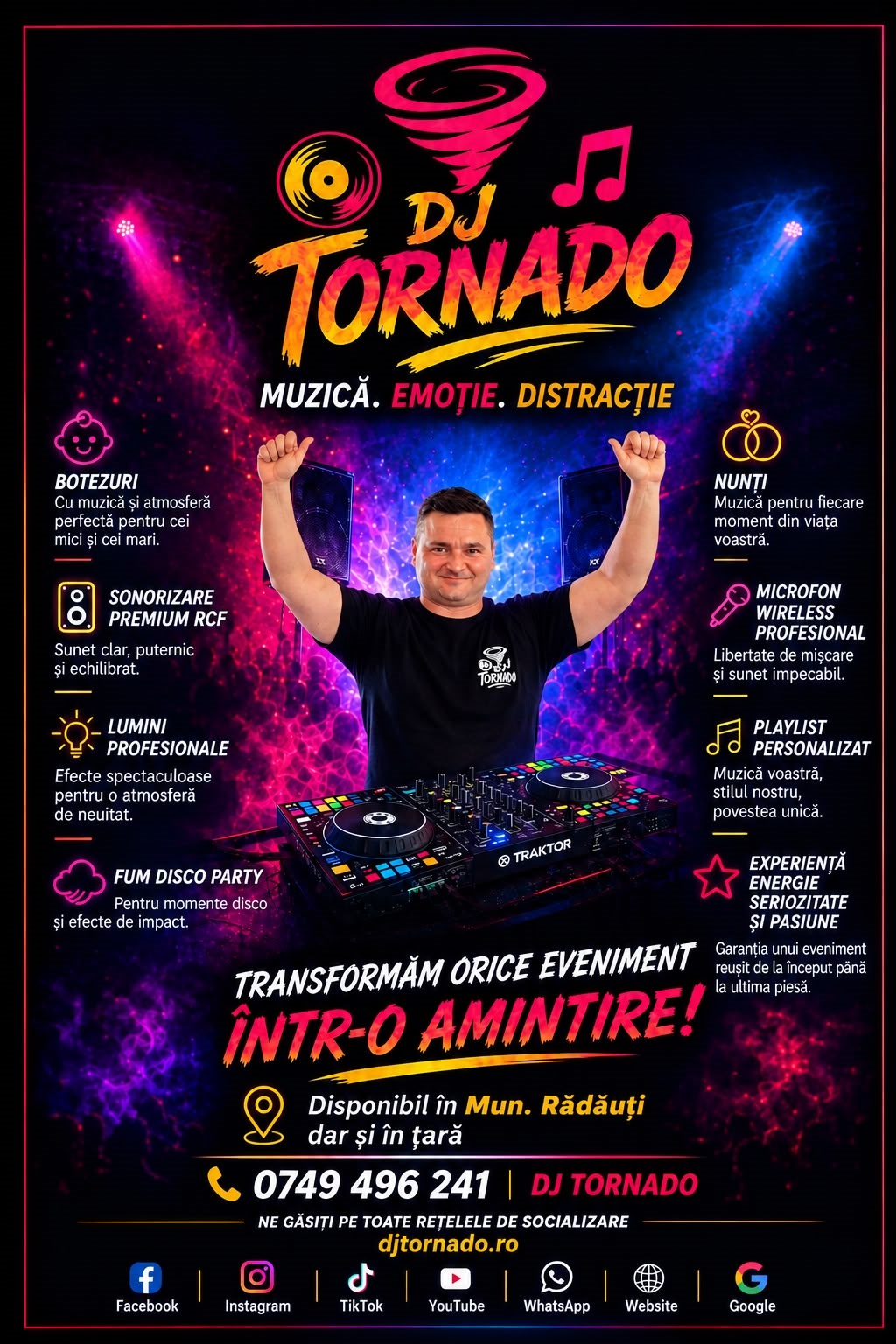 🎧Se spune că un DJ pune muzică. Eu cred că un DJ creează atmosfera în care invitații uită de ceas și se bucură de fiecare moment. Fie că este vorba despre un botez, o nuntă sau o petrecere privată, scopul meu este simplu: să creez o atmosferă în care oamenii se simt bine, iar voi să plecați acasă cu amintiri frumoase. La DJ Tornado găsiți: ✅ Sonorizare profesională RCF ✅ Lumini pentru o atmosferă spectaculoasă ✅ Fum Disco Party pentru momentele de impact ✅ Microfon wireless profesional ✅ Playlist adaptat invitaților și atmosferei din sală ✅ Muzică pentru generații și stiluri diferite ✅ Experiență, energie și atenție la ceea ce se întâmplă pe ringul de dans Fiecare eveniment este diferit. Nu vin cu o listă de melodii pusă la întâmplare, ci aleg muzica în funcție de invitați, reacția lor și energia din sală. 📅 Rezervările pentru 2026 și 2027 sunt deschise. Unele date sunt deja ocupate, așa că este recomandat să verificați din timp disponibilitatea. 📩 Scrie-mi în privat pe whatsapp pentru ofertă și disponibilitate . 📞 Telefon / WhatsApp: 0749 496 241 📘 Facebook: www.facebook.com/djtornado.ro 📸 Instagram: www.instagram.com/djtornado.ro 🎵 TikTok: www.tiktok.com/@djtornado.ro ▶️ YouTube: youtube.com/@djtornado-ro 🌐 Website: www.djtornado.ro 📧 E-mail: djtornado.ro@gmail.com ━━━━━━━━━━━━━━━━━━ 🎉 Hai să transformăm evenimentul tău într-o petrecere de neuitat! ❤️ Dacă îți place ceea ce facem, ne poți susține cu un Like 👍, o distribuire ↗️, un comentariu 💬 sau o recomandare către prietenii tăi. Orice susținere contează enorm pentru noi! 😁💪🏻 🙏 Vă mulțumesc frumos și vă doresc o zi minunată! ☺️ DJ TORNADO 🎵 Muzică • Emoție • Distracție